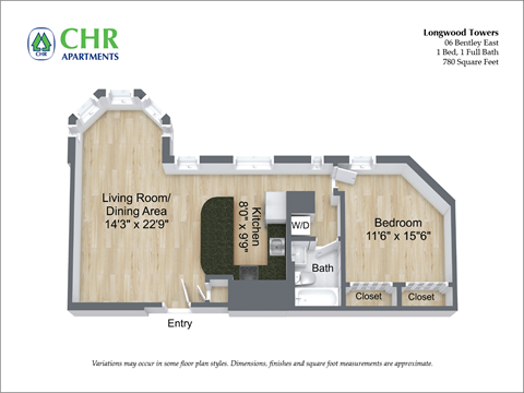 Floor plan for 1 bed, 1 bath, 780 sqft